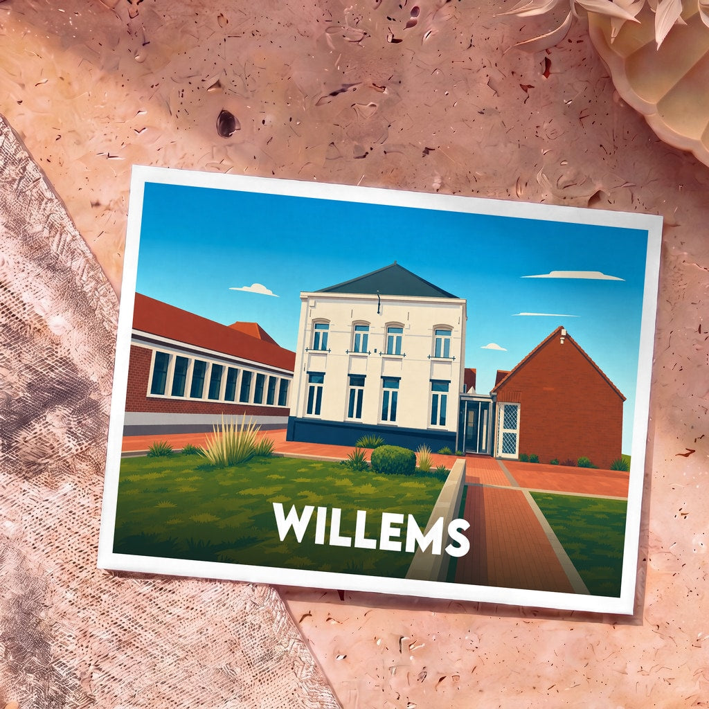 Carte postale souvenir de la ville de Willems avec une illustration stylisée de son architecture.