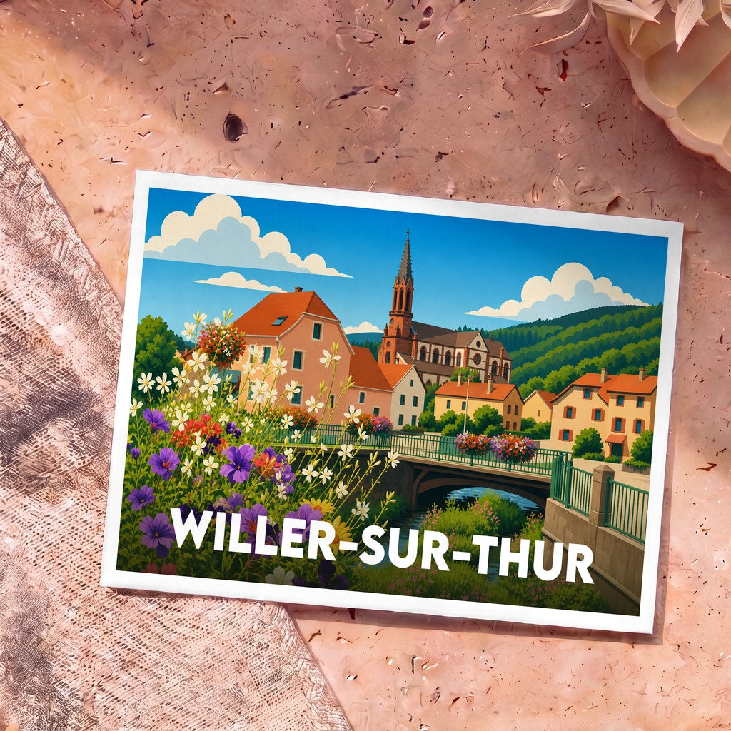 Carte postale souvenir de la ville de Willer-sur-Thur avec une illustration colorée et fleurie.