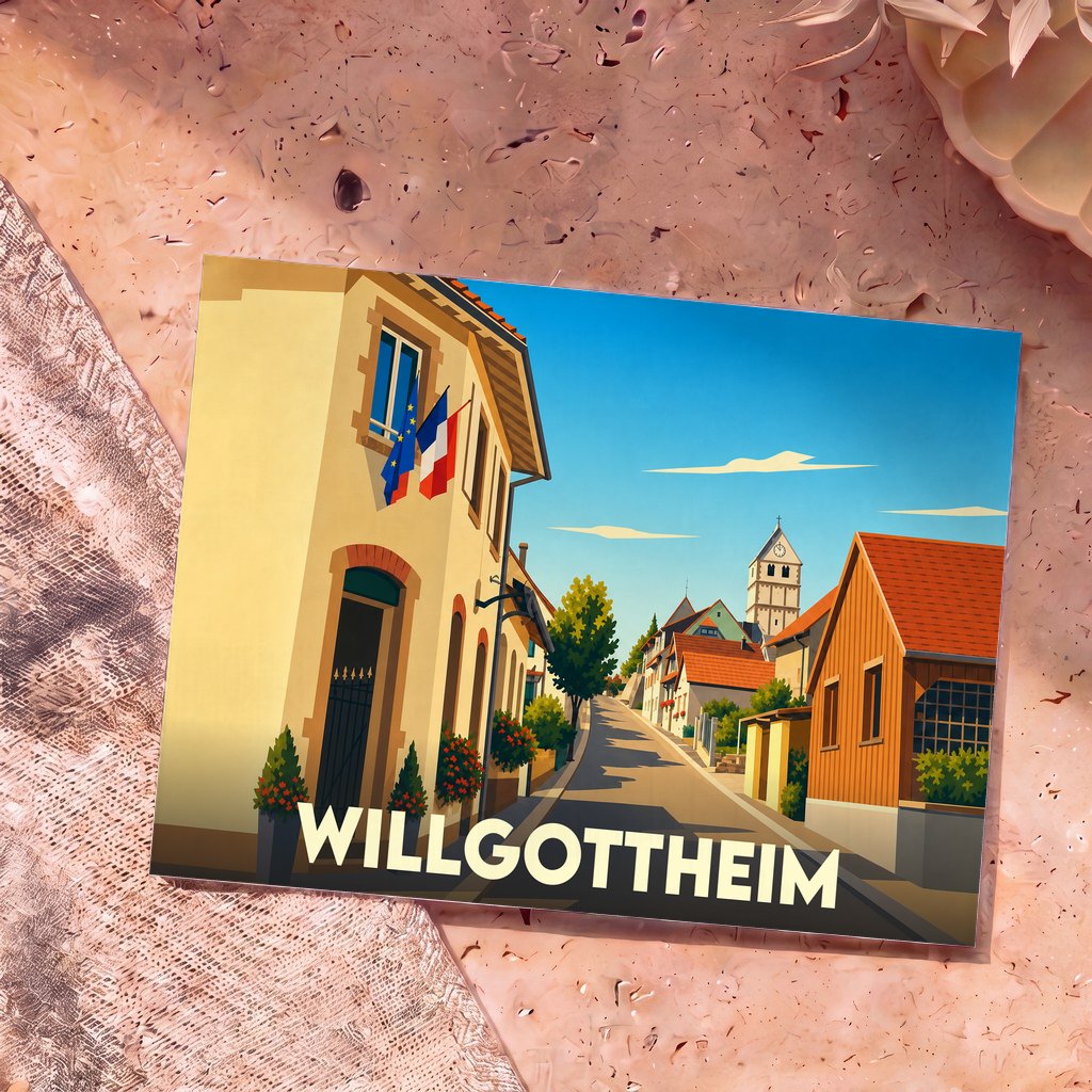 Carte postale souvenir de la ville de Willgottheim avec une illustration stylisée d'une rue pittoresque.