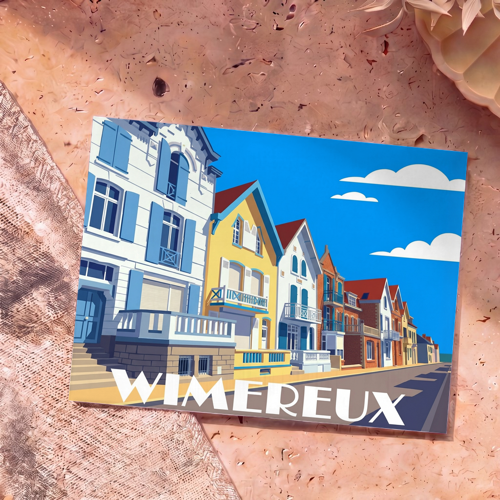 Carte postale souvenir de la ville de Wimereux avec une illustration stylisée de ses villas colorées en bord de mer.
