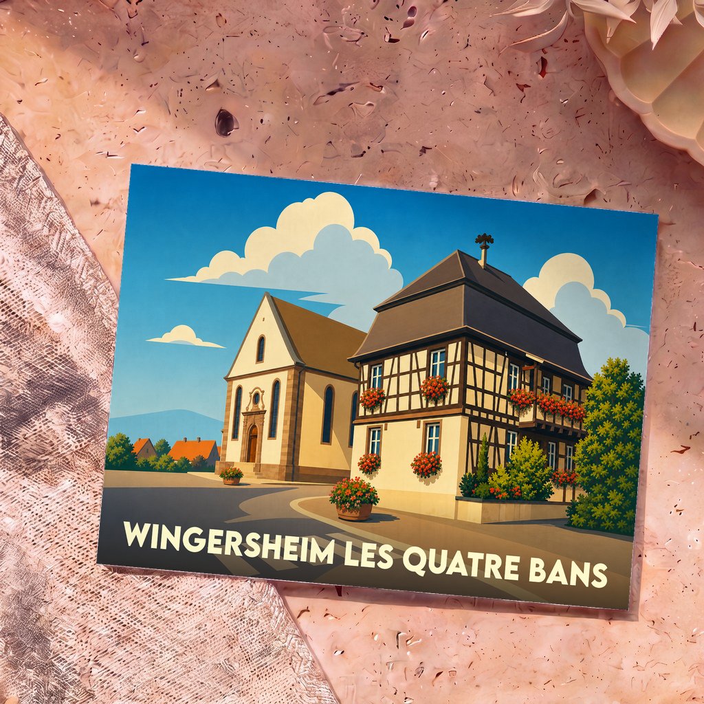 Carte postale souvenir de Wingersheim les Quatre Bans avec une illustration stylisée de son architecture traditionnelle.