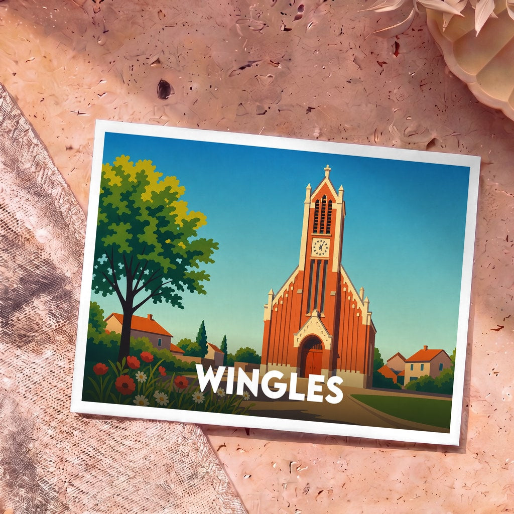 Carte postale souvenir de la ville de Wingles avec une illustration stylisée de son église.