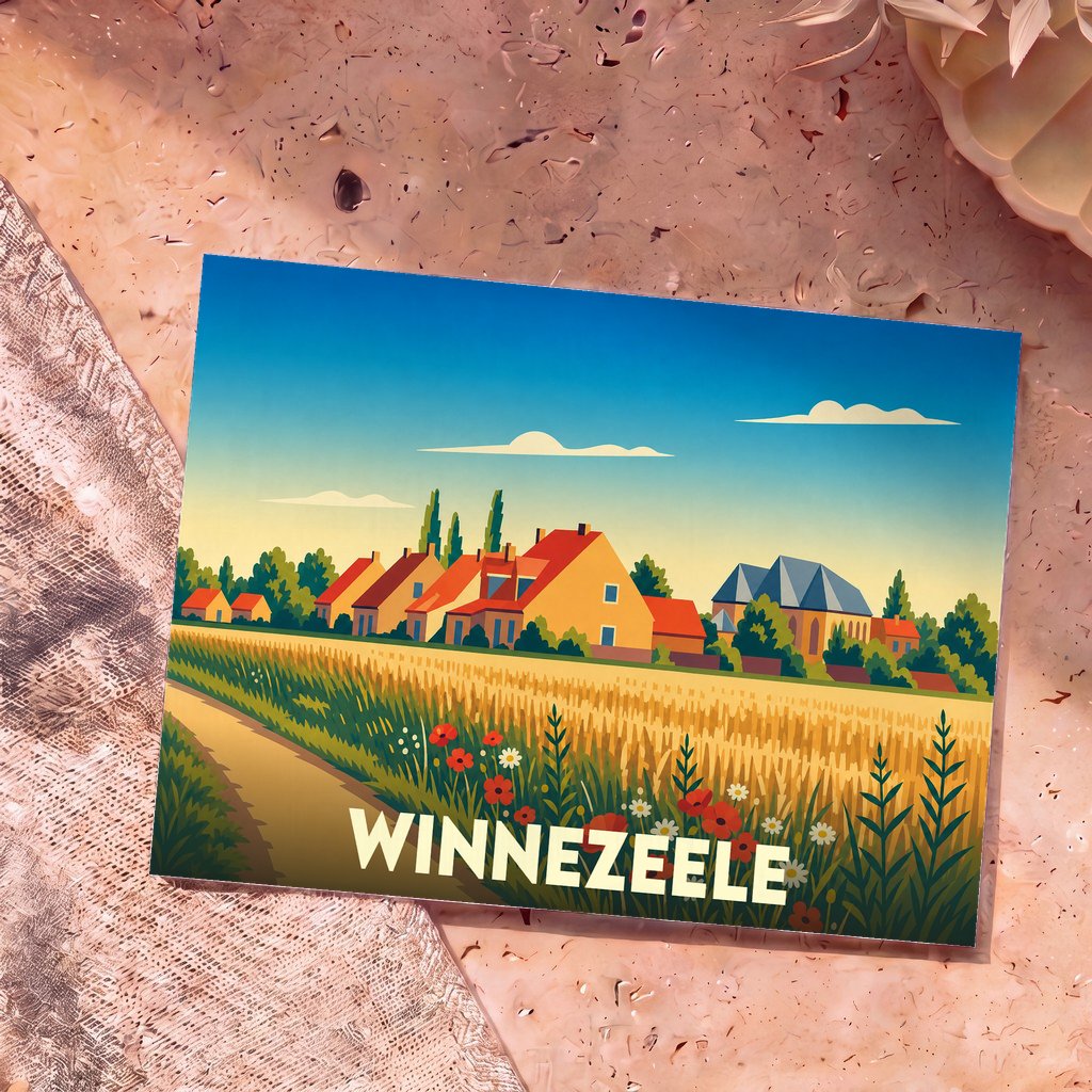 Carte postale souvenir de la ville de Winnezeele avec une illustration stylisée de son paysage rural.