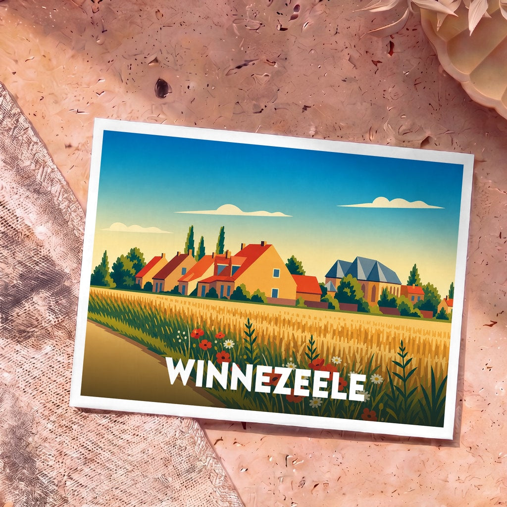 Carte postale souvenir de la ville de Winnezeele avec une illustration stylisée de son paysage rural.