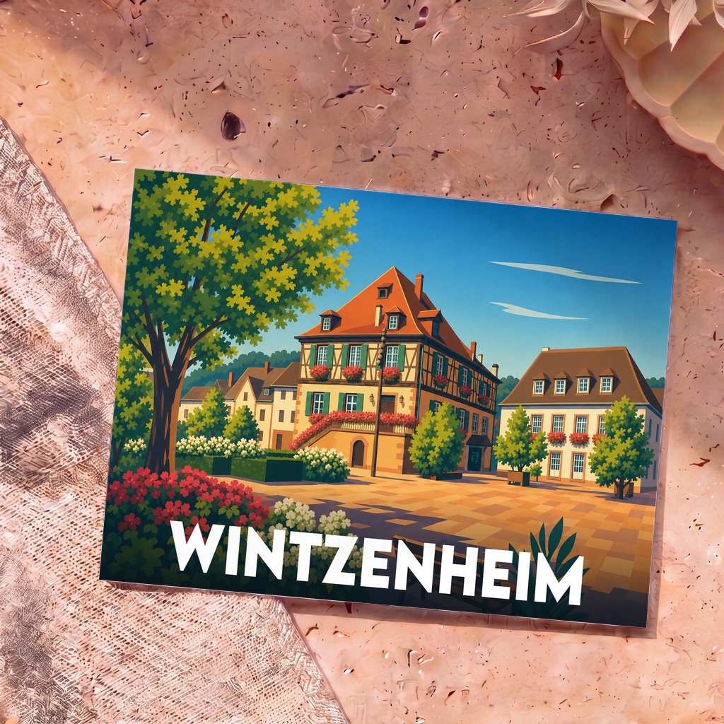 Carte postale souvenir de la ville de Wintzenheim illustrant une place de village typique avec des maisons à colombages.