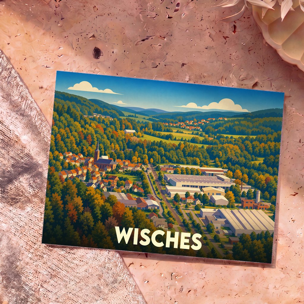 Carte postale souvenir de la ville de Wisches avec une illustration stylisée de ses paysages et de ses bâtiments.