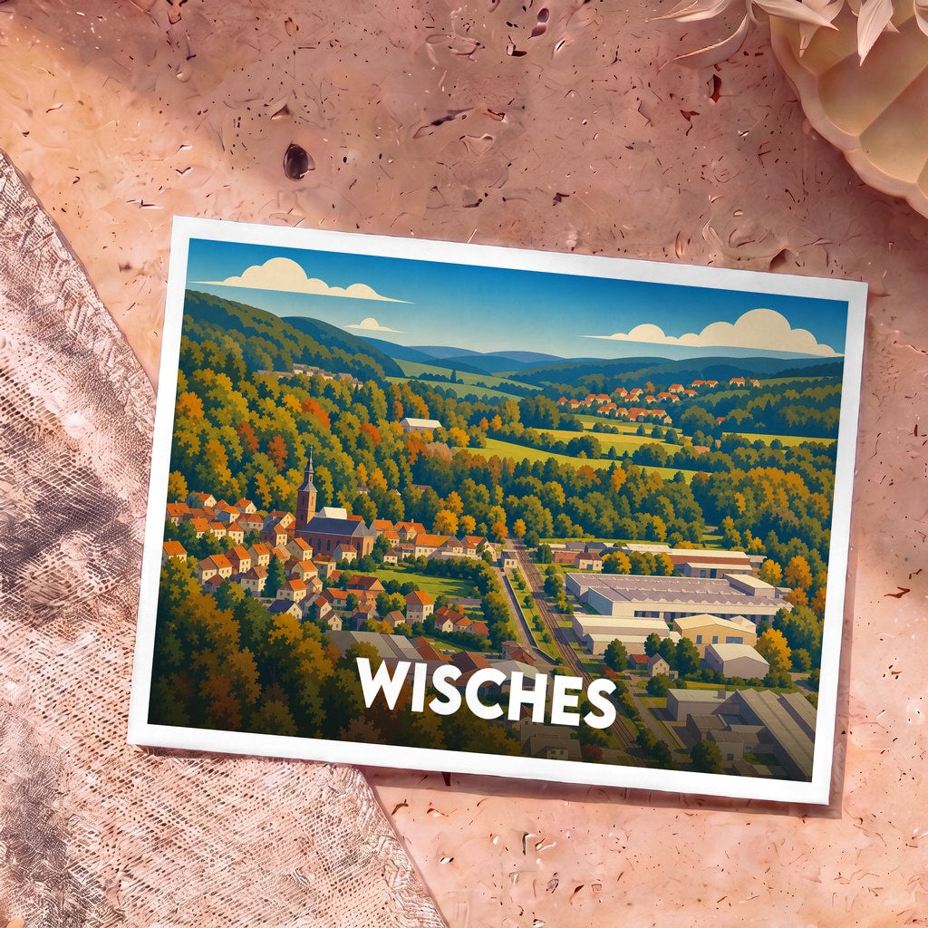 Carte postale souvenir de la ville de Wisches avec une illustration stylisée de ses paysages et de ses bâtiments.