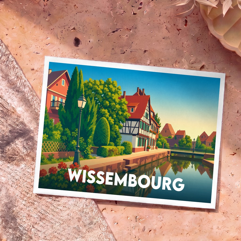 Carte postale souvenir de la ville de Wissembourg illustrant une scène pittoresque au bord de l'eau.