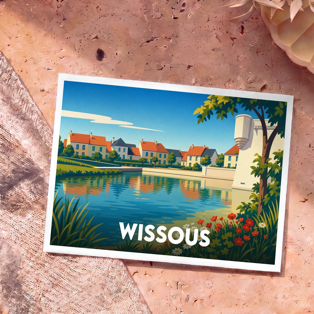 Carte postale souvenir de la ville de Wissous avec une illustration stylisée d'un plan d'eau et de maisons colorées.