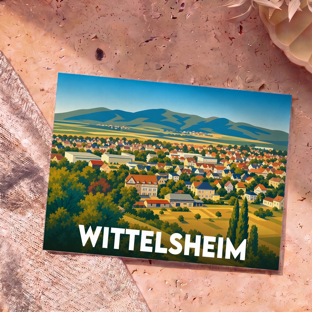 Carte postale souvenir de la ville de Wittelsheim avec une illustration stylisée d'un paysage urbain et montagneux.