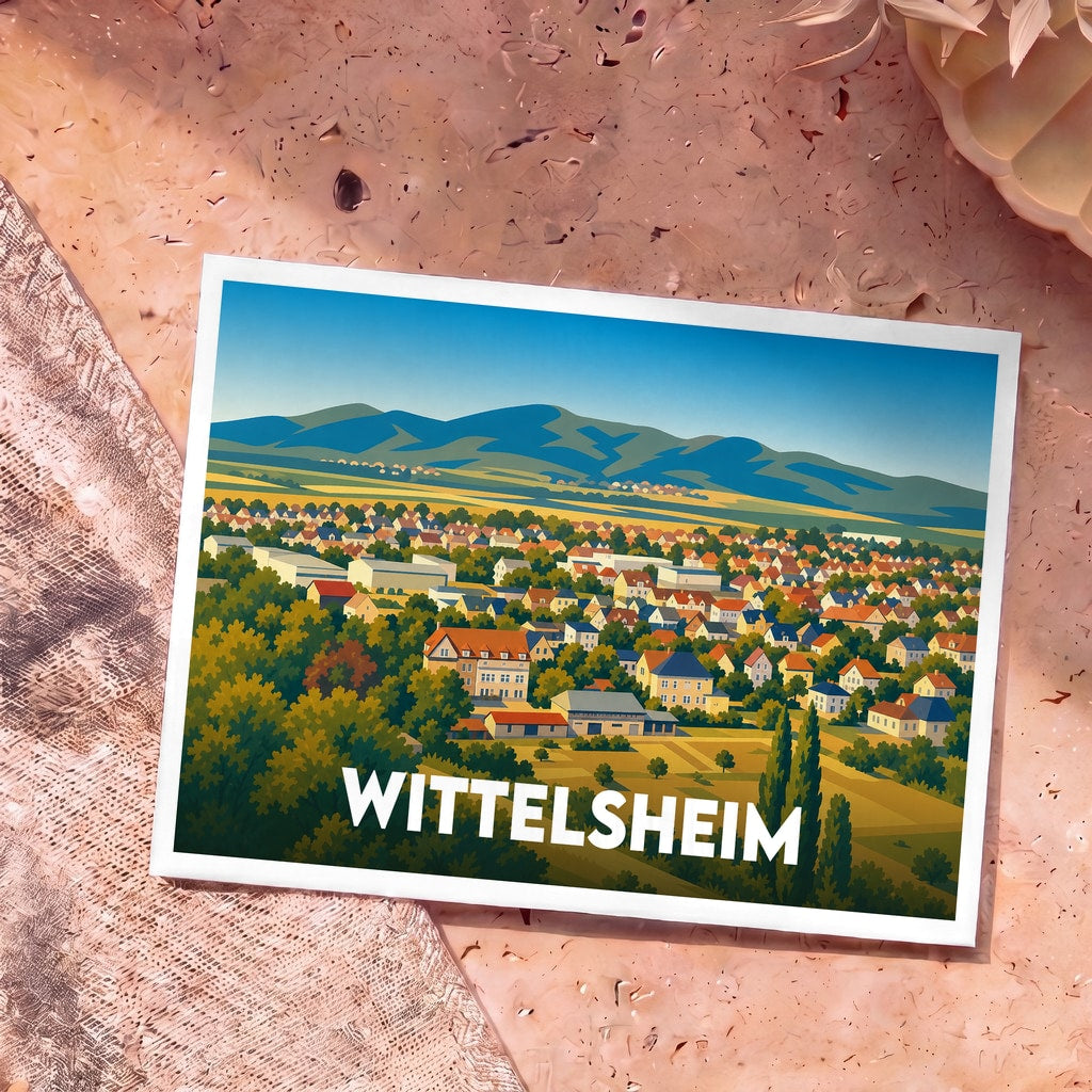 Carte postale souvenir de la ville de Wittelsheim avec une illustration stylisée d'un paysage urbain et montagneux.