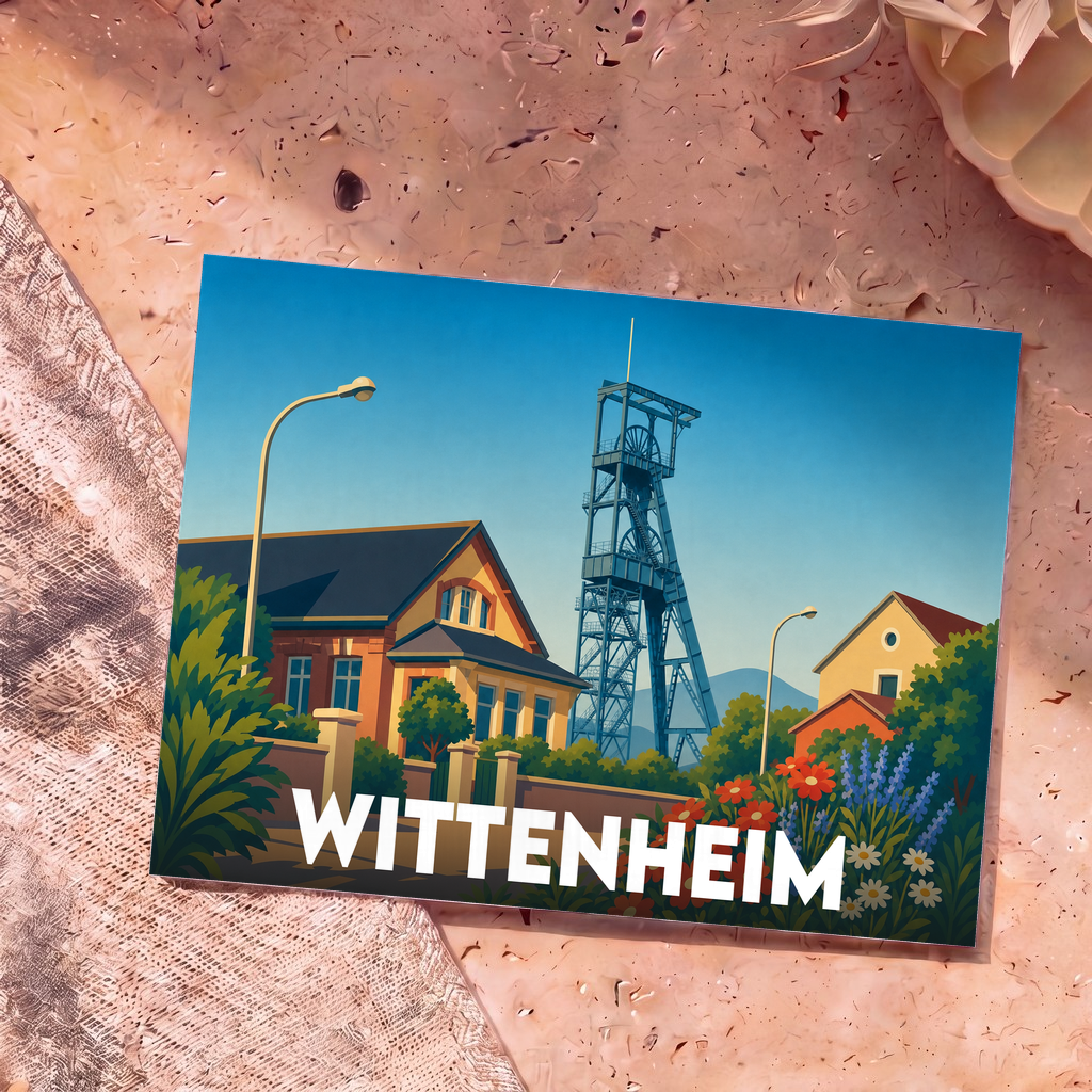 Carte postale souvenir de la ville de Wittenheim illustrant ses maisons typiques et son chevalement minier dans un style épuré.
