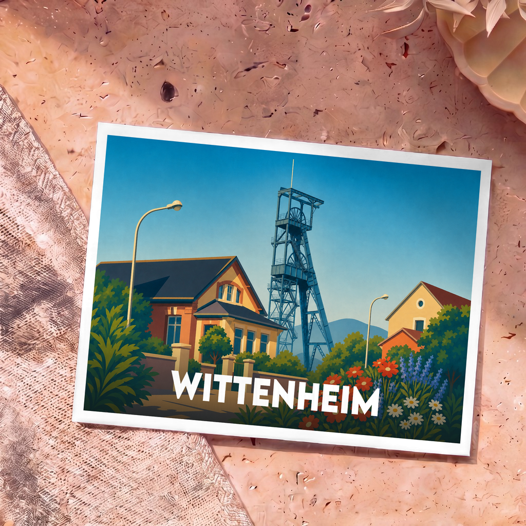 Carte postale souvenir de la ville de Wittenheim illustrant ses maisons typiques et son chevalement minier dans un style épuré.