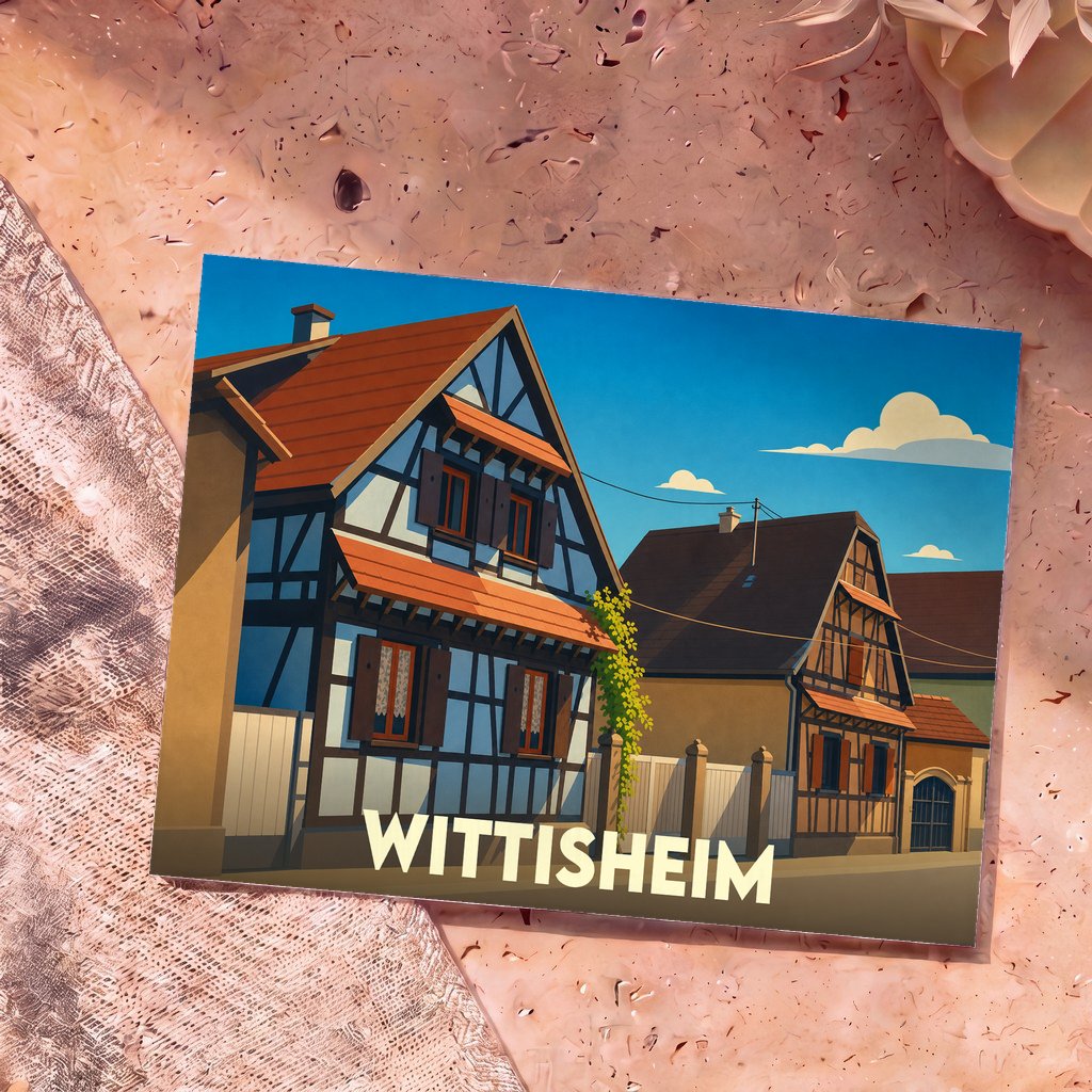 Carte postale souvenir de la ville de Wittisheim avec une illustration stylisée de maisons à colombages.
