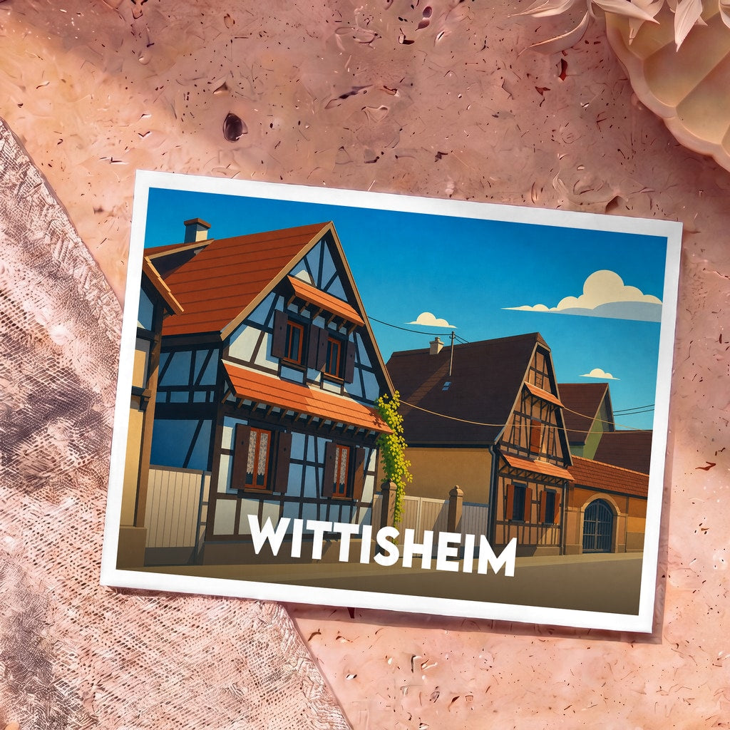 Carte postale souvenir de la ville de Wittisheim avec une illustration stylisée de maisons à colombages.