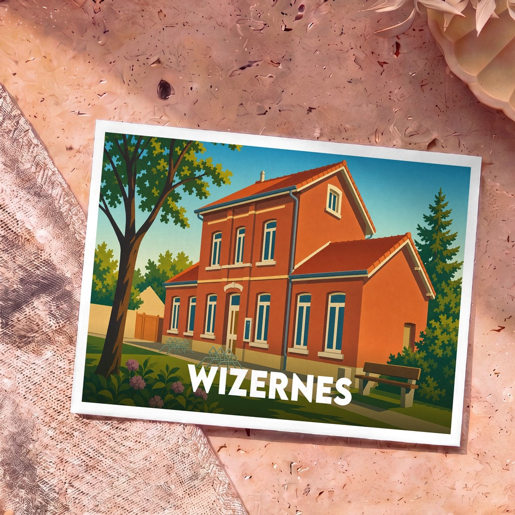 Carte postale souvenir de la ville de Wizernes illustrant sa gare ferroviaire dans un style graphique épuré.