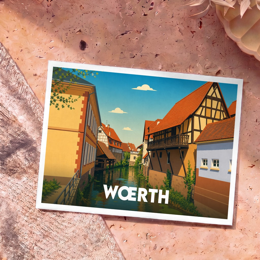 Carte postale souvenir de la ville de Wœrth avec une illustration stylisée de maisons à colombages au bord de l'eau.
