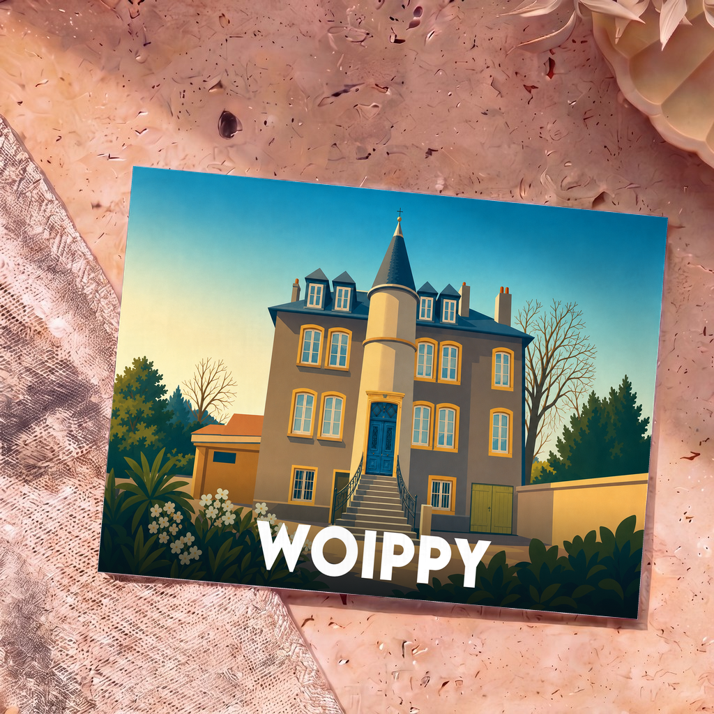 Carte postale souvenir de la ville de Woippy illustrant une grande demeure de style classique avec une tour centrale.