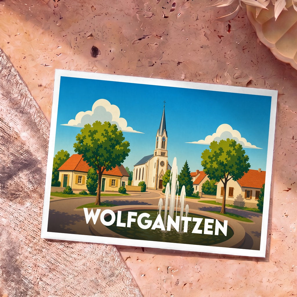 Carte postale souvenir de la ville de Wolfgantzen illustrant une place avec église et fontaine dans un style graphique épuré.