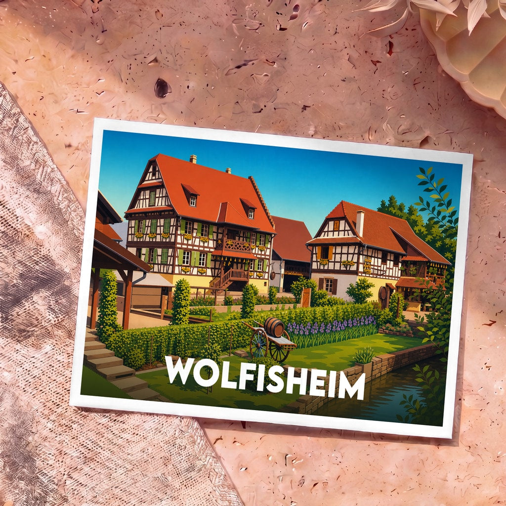 Carte postale souvenir de la ville de Wolfisheim avec une illustration stylisée de maisons à colombages alsaciennes.