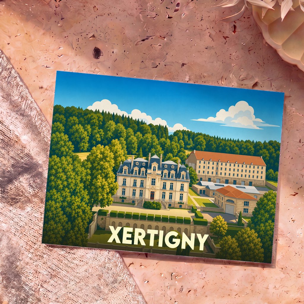 Carte postale souvenir de la ville de Xertigny avec une illustration stylisée de son château.