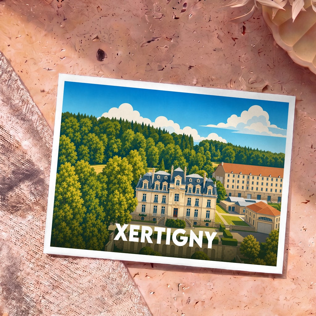 Carte postale souvenir de la ville de Xertigny avec une illustration stylisée de son château.