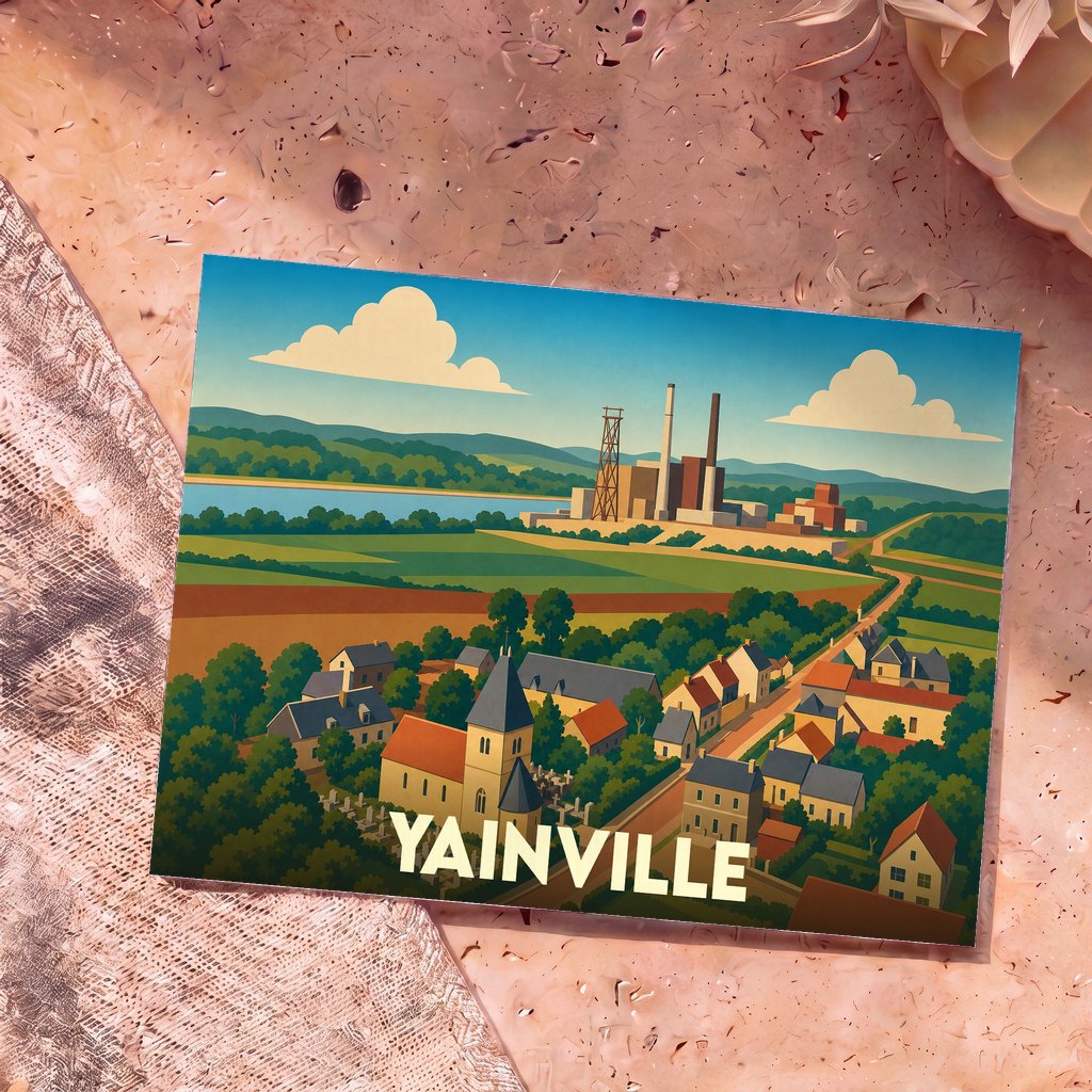 Carte postale souvenir de la ville de Yainville avec une illustration stylisée mêlant paysage industriel et villageois.