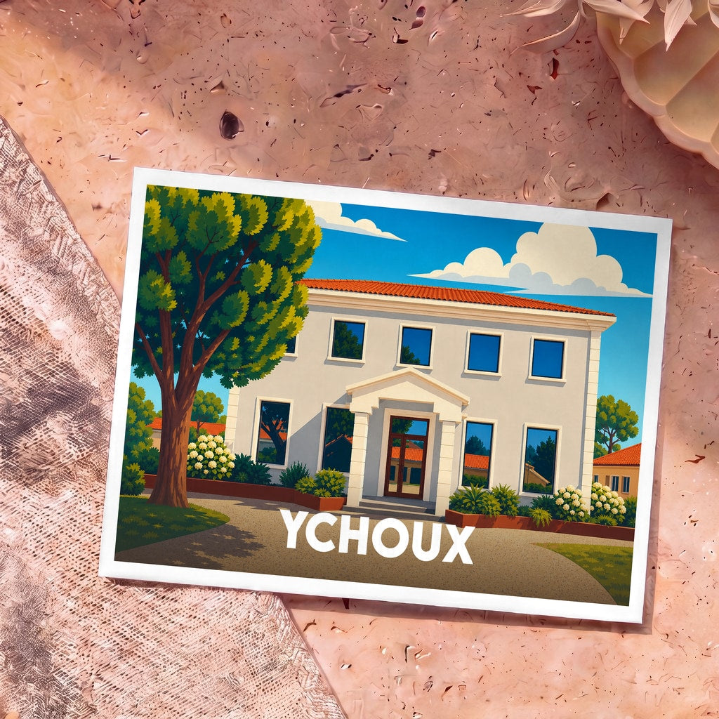 Carte postale souvenir de la ville d'Ychoux avec une illustration stylisée d'une maison landaise traditionnelle.