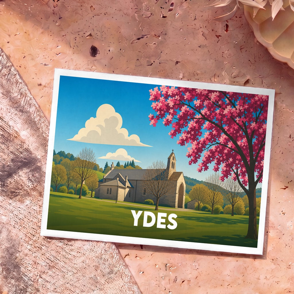Carte postale souvenir de la ville de Ydes illustrant son église entourée de verdure et de fleurs printanières.