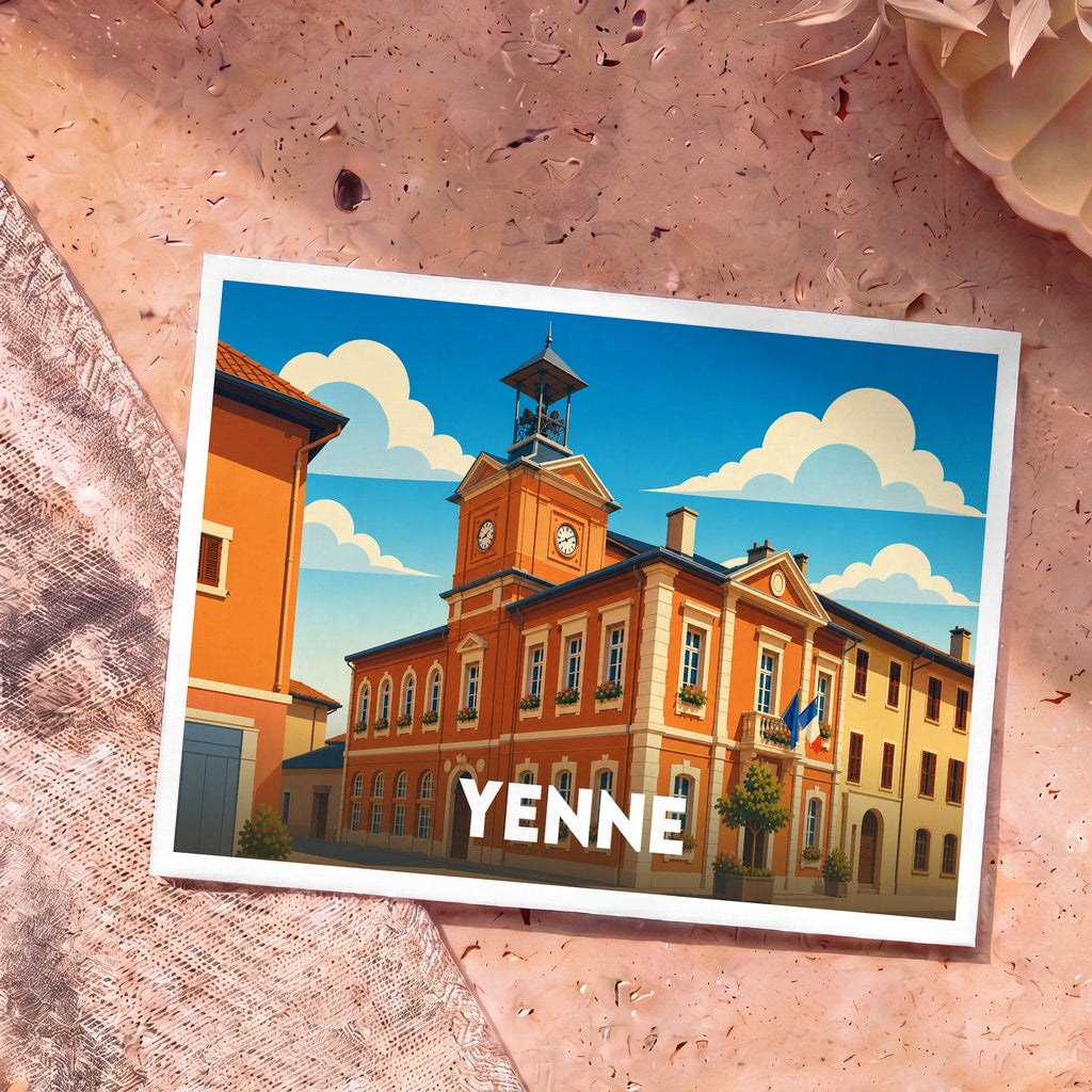 Carte postale souvenir de la ville de Yenne avec une illustration stylisée de son hôtel de ville.
