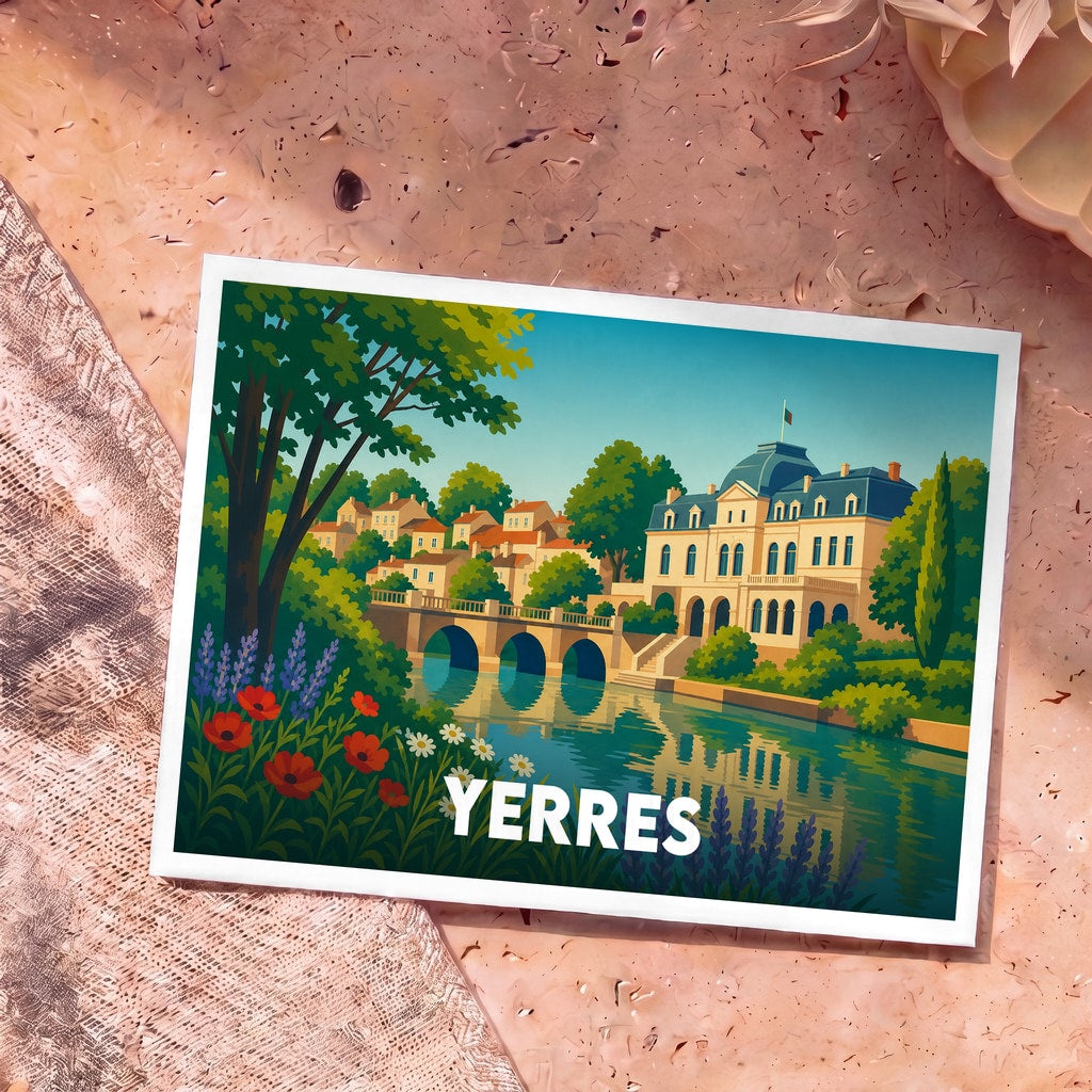 Carte postale souvenir de la ville de Yerres illustrant un pont et une demeure historique au bord de l'eau dans un style coloré et épuré.