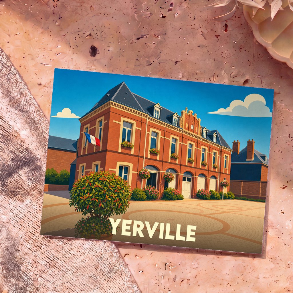 Carte postale souvenir de la ville de Yerville représentant l'hôtel de ville avec une illustration stylisée.