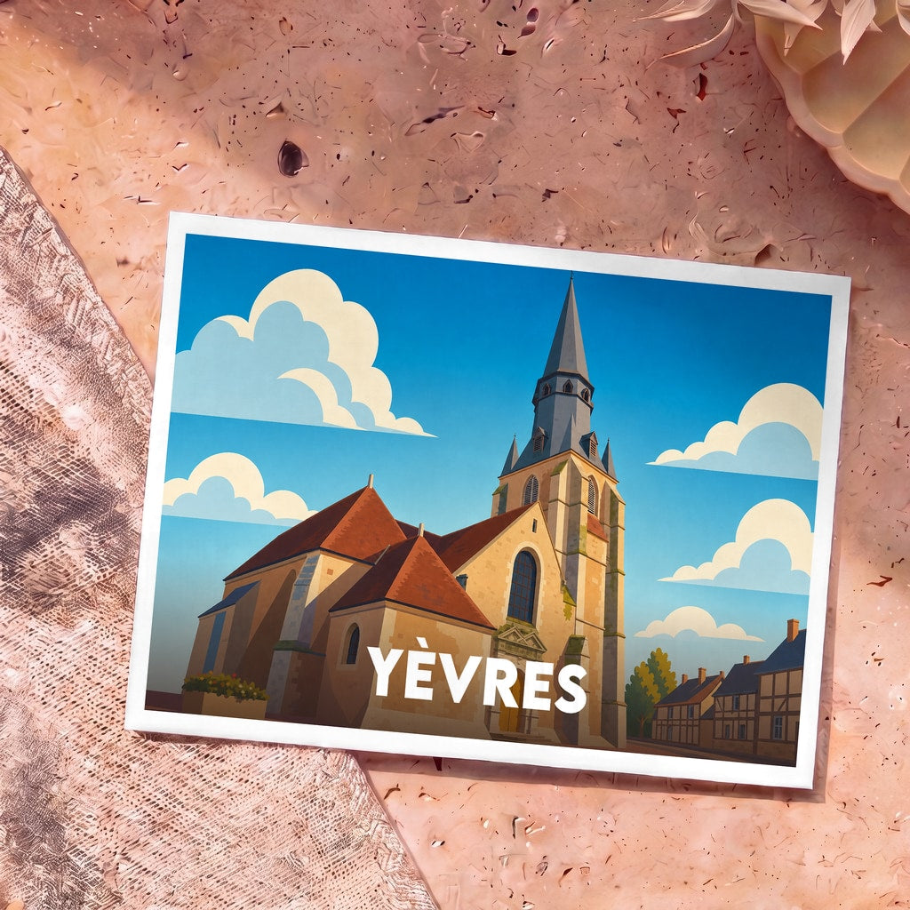 Carte postale souvenir de la ville de Yèvres illustrant son église dans un style graphique épuré.