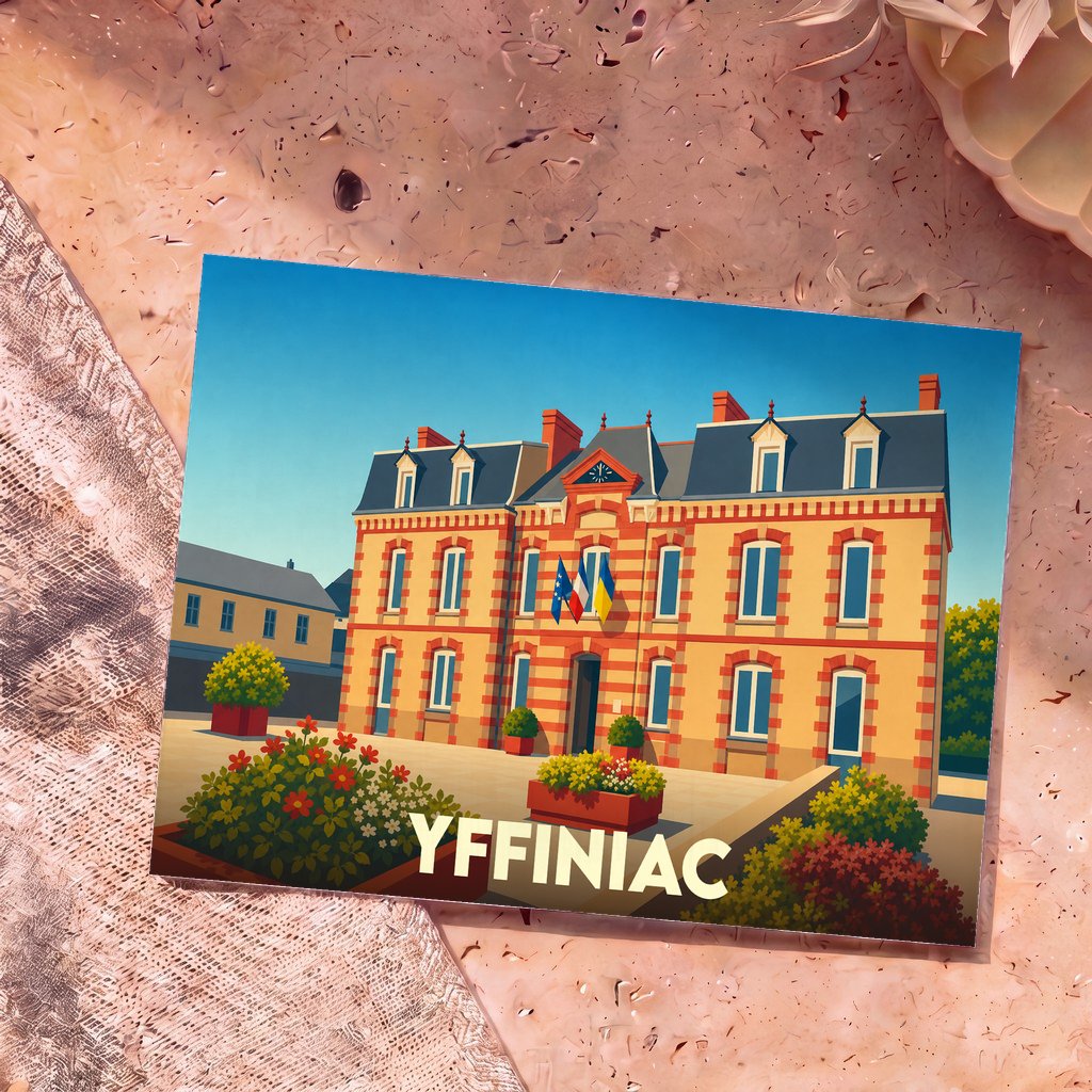 Carte postale souvenir de la ville d'Yffiniac illustrant la mairie avec un style graphique épuré.