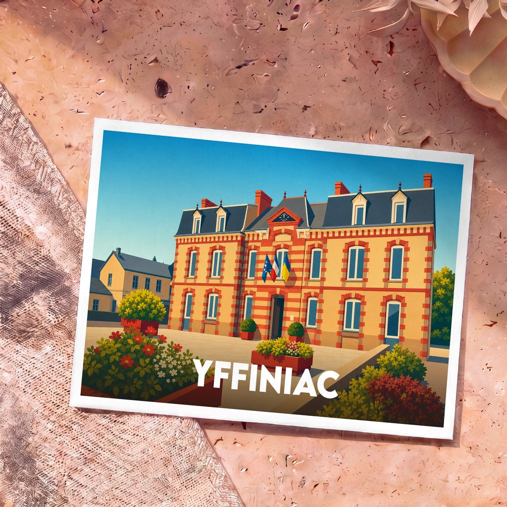 Carte postale souvenir de la ville d'Yffiniac illustrant la mairie avec un style graphique épuré.