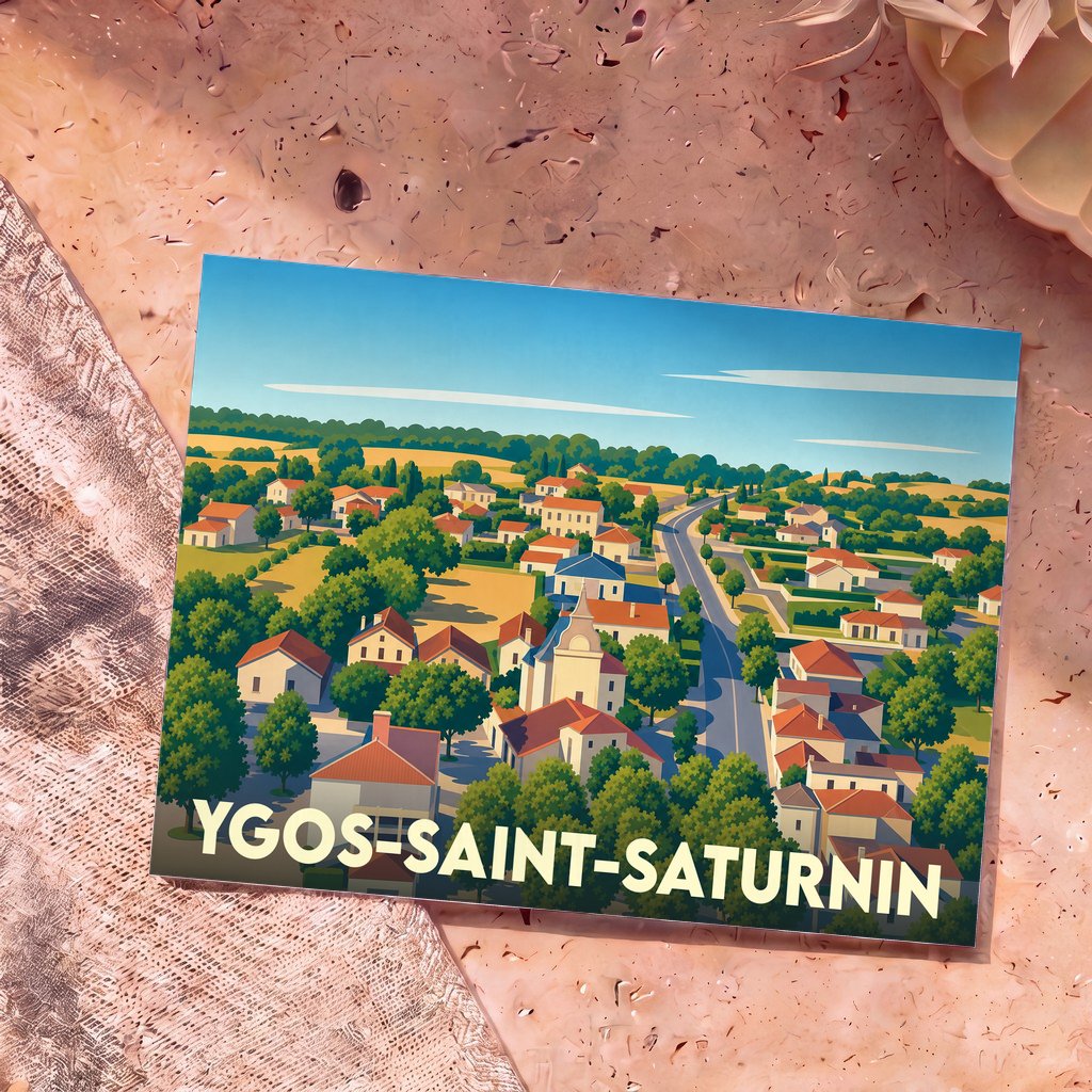 Carte postale souvenir de la ville d'Ygos-Saint-Saturnin avec une illustration stylisée d'un village ensoleillé.