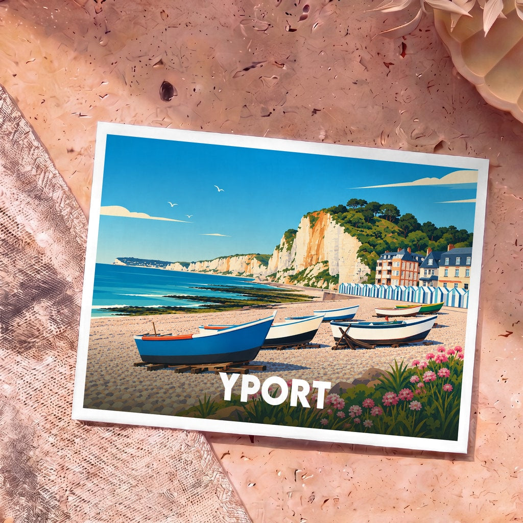 Carte postale souvenir de la ville d'Yport avec une illustration stylisée de sa plage, ses falaises et ses barques.