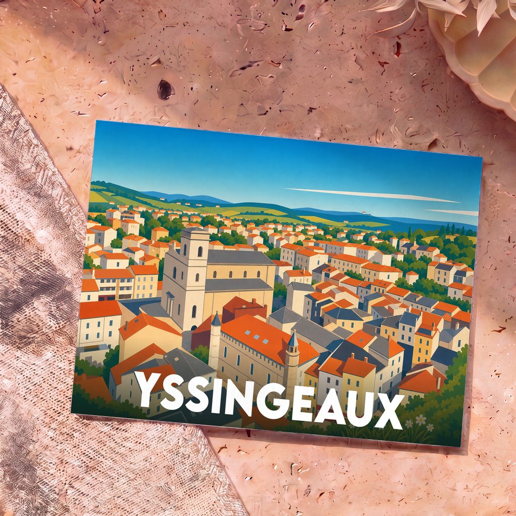 Carte postale souvenir de la ville d'Yssingeaux illustrant une vue panoramique stylisée et colorée de ses toits.