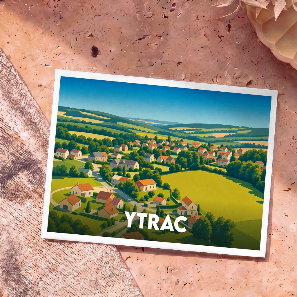 Carte postale souvenir de la ville d'Ytrac illustrée par un paysage champêtre stylisé.