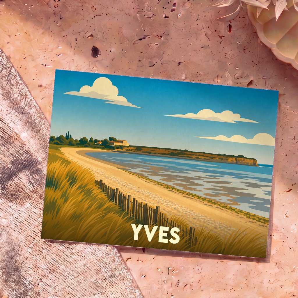 Carte postale souvenir de la ville de Yves avec une illustration stylisée de sa côte sauvage.