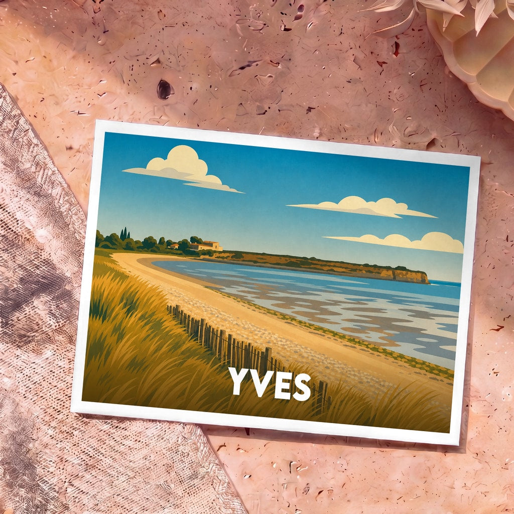 Carte postale souvenir de la ville de Yves avec une illustration stylisée de sa côte sauvage.