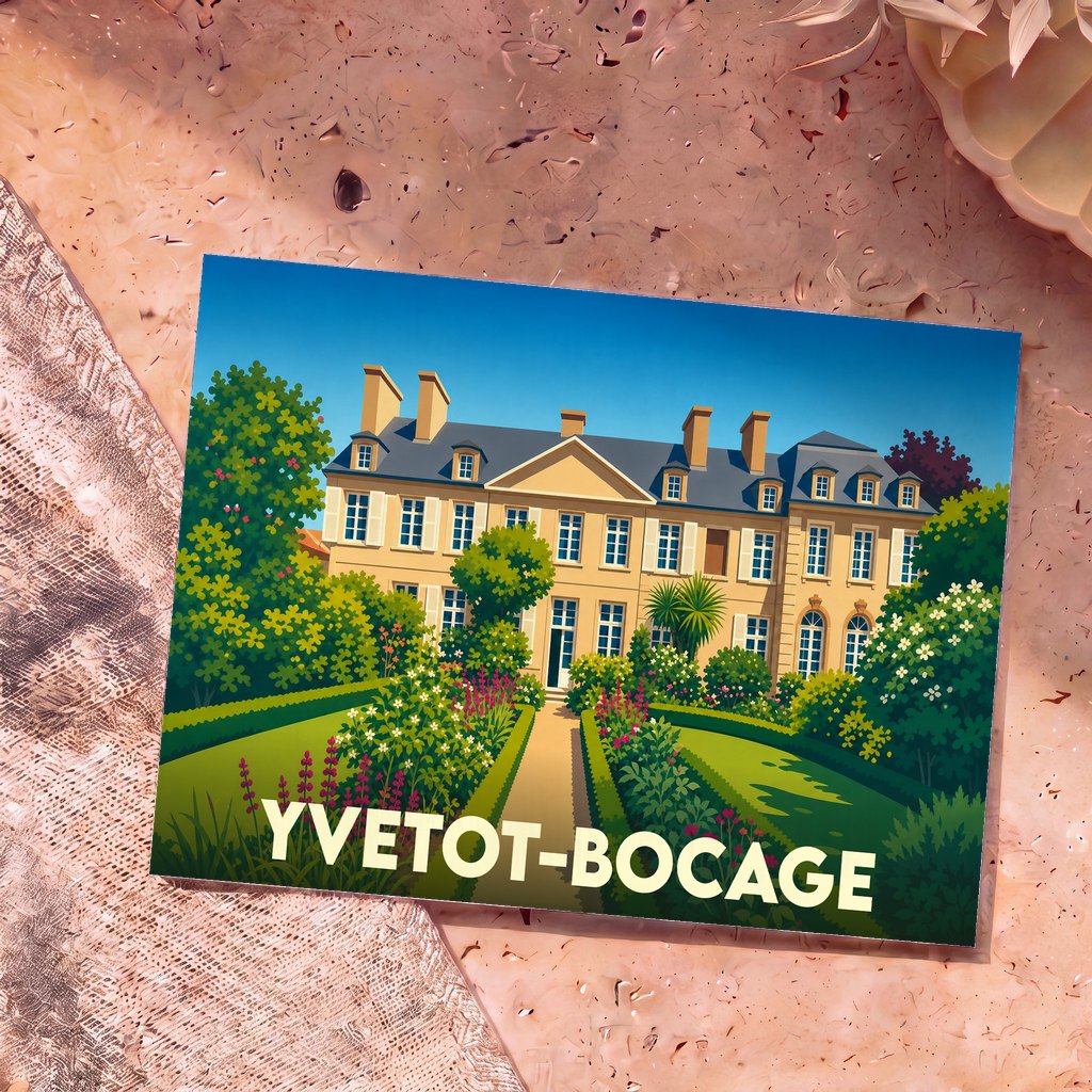 Carte postale souvenir de la ville de Yvetot-Bocage avec une illustration stylisée d'un manoir et de ses jardins.