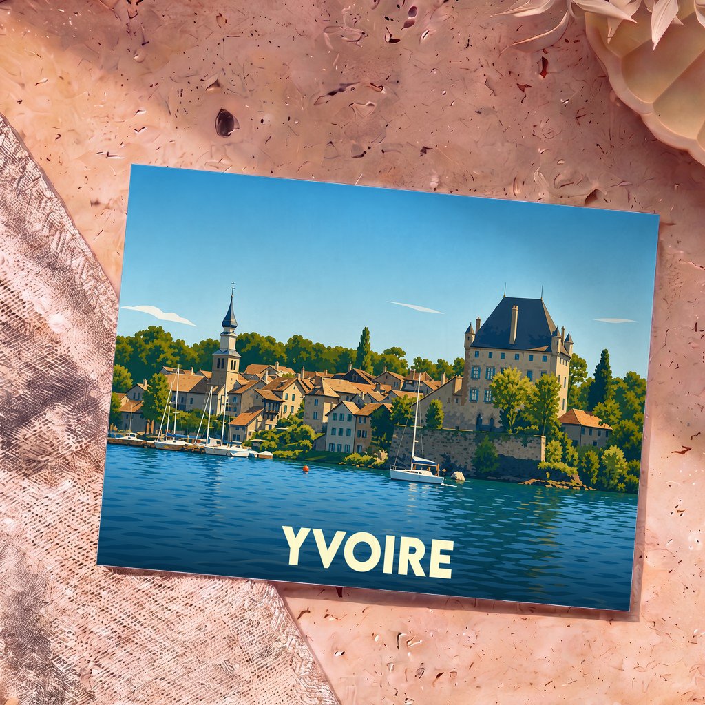 Carte postale souvenir de la ville d'Yvoire illustrant son château et son clocher au bord du lac Léman dans un style épuré.