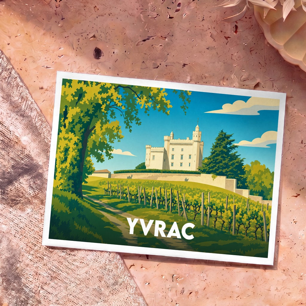 Carte postale souvenir de la ville d'Yvrac avec une illustration stylisée d'un château entouré de vignes.