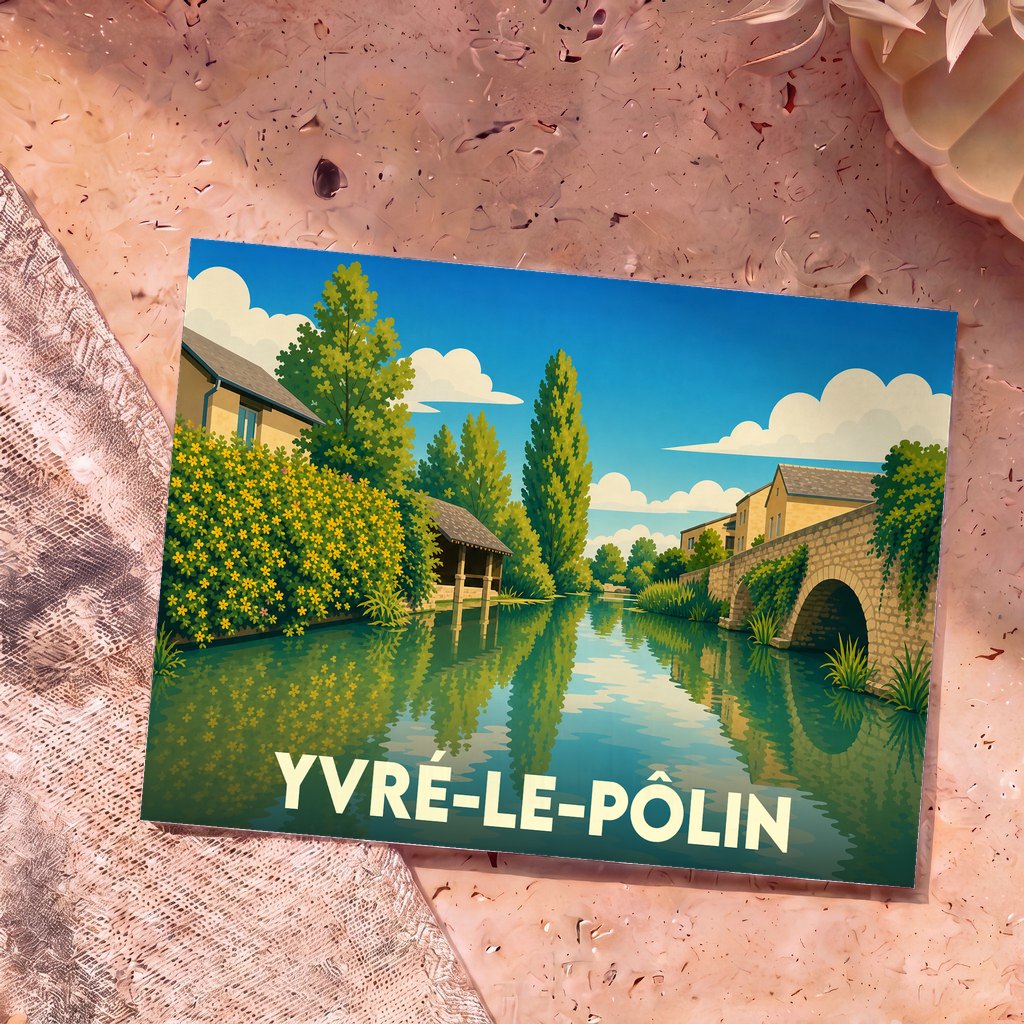 Carte postale souvenir de la ville d'Yvré-le-Pôlin illustrant un paysage paisible avec une rivière, un pont en pierre et de la végétation.