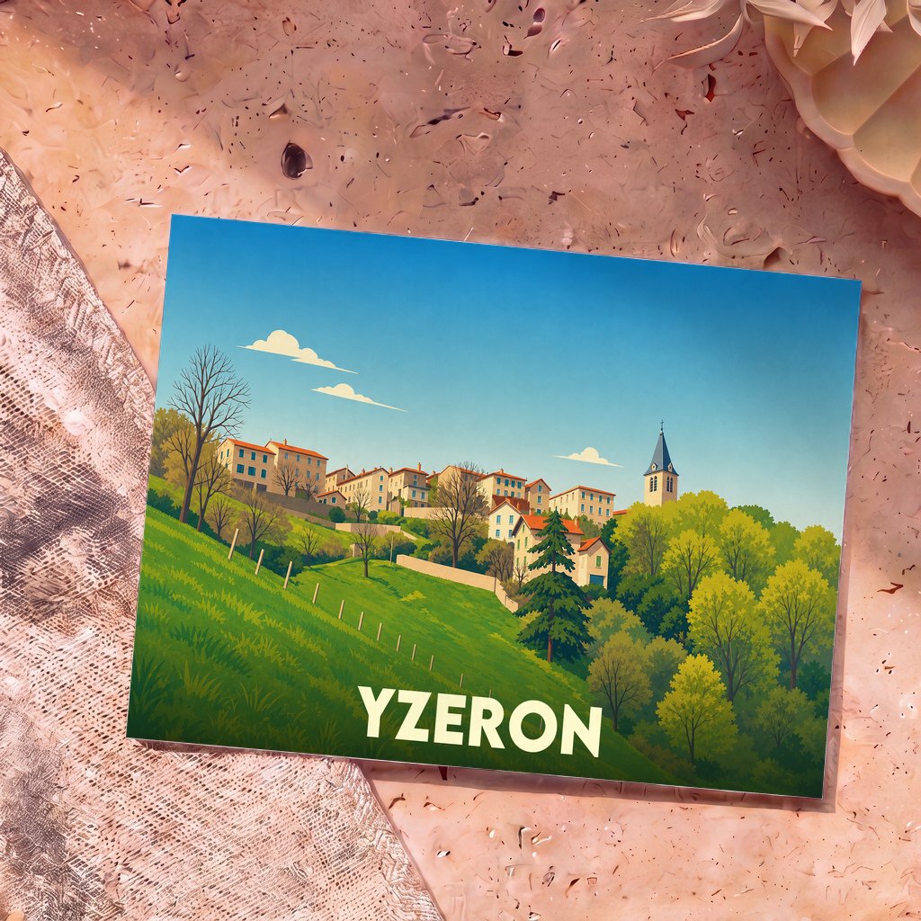 Carte postale souvenir de la ville d'Yzeron avec une illustration stylisée de ses collines et de ses maisons.
