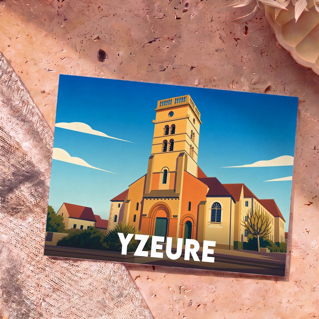 Carte postale souvenir de la ville d'Yzeure présentant une illustration stylisée de son église romane.
