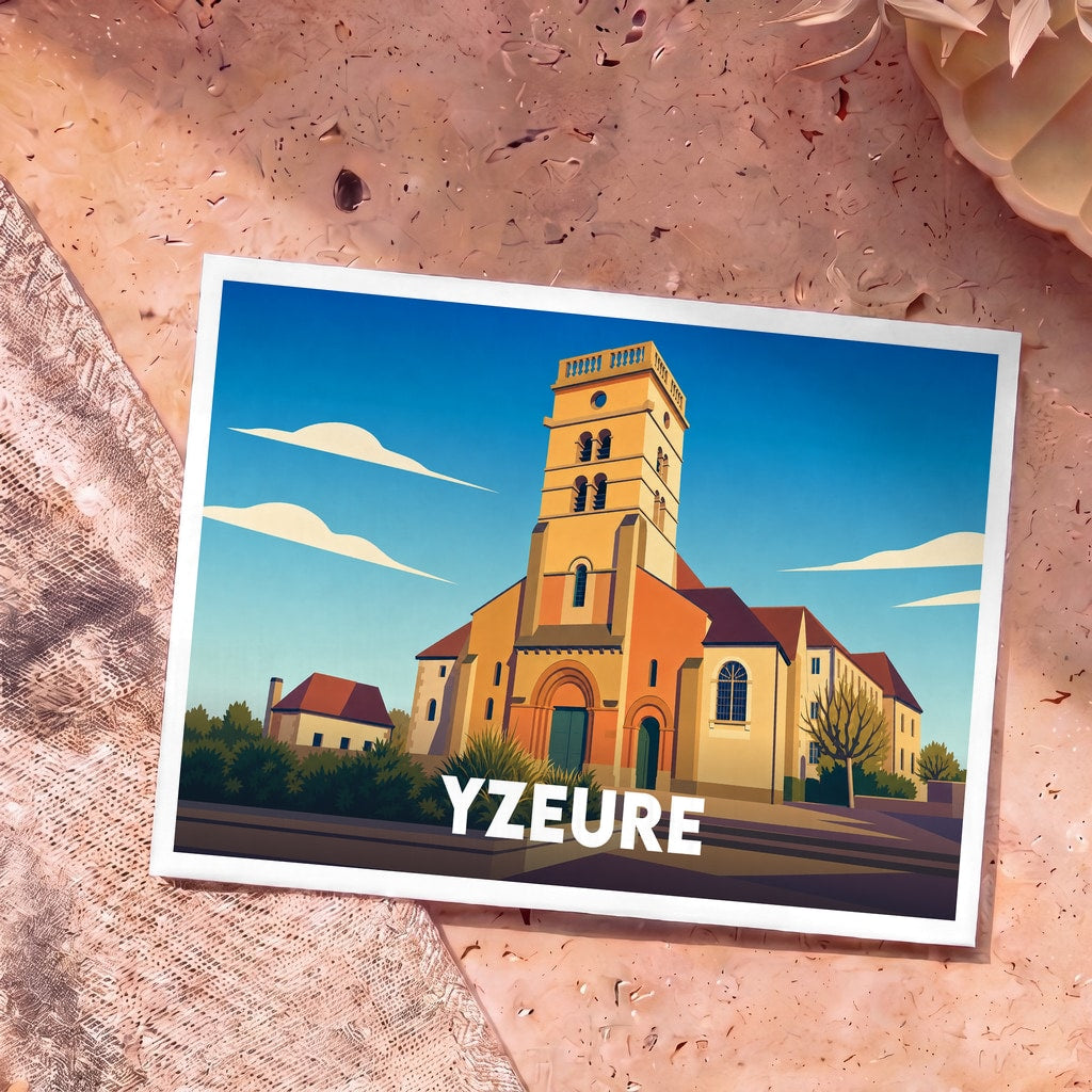 Carte postale souvenir de la ville d'Yzeure présentant une illustration stylisée de son église romane.