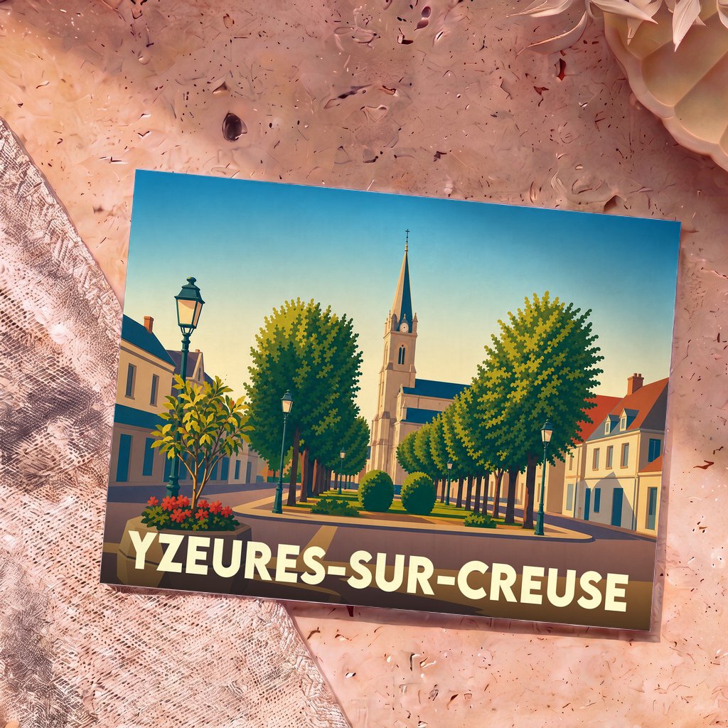Carte postale souvenir de la ville d'Yzeures-sur-Creuse avec une illustration stylisée de son église et d'une place arborée.