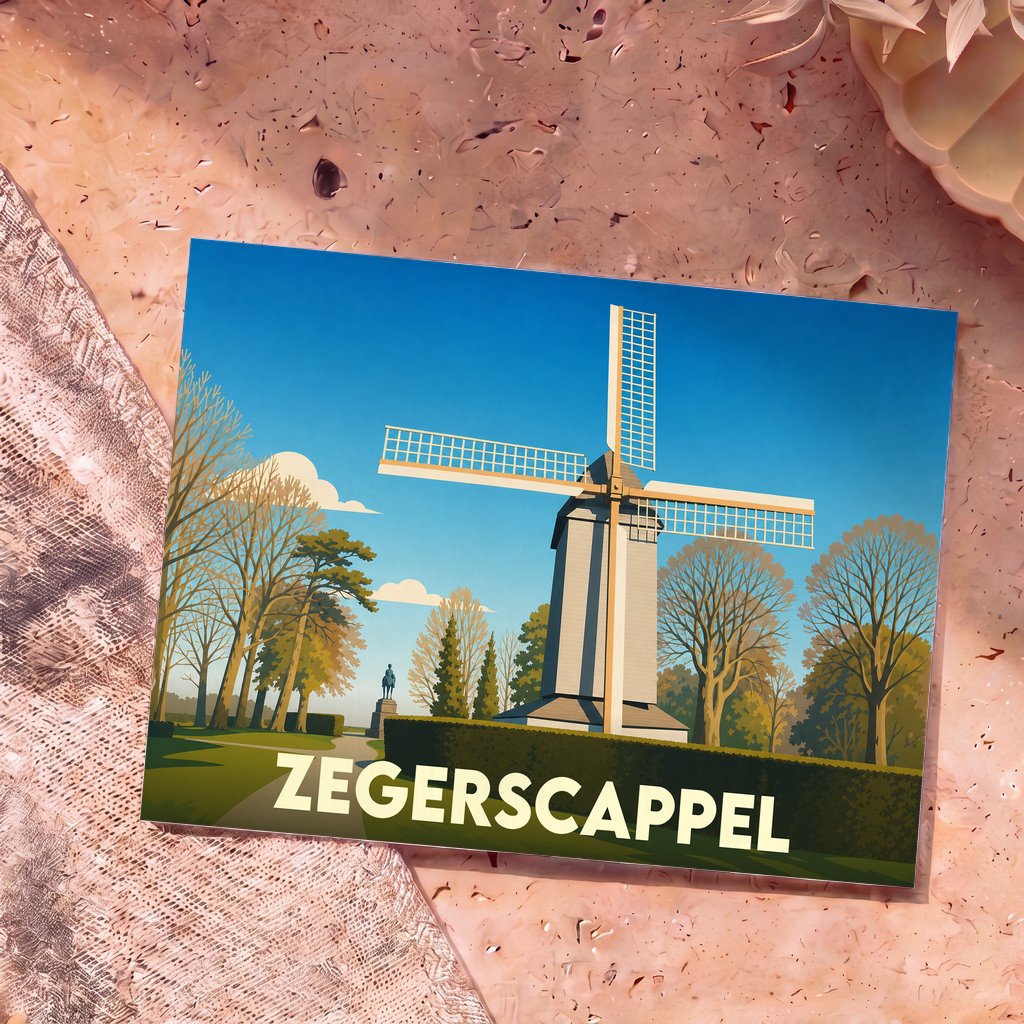 Carte postale souvenir de la ville de Zegerscappel avec une illustration stylisée de son moulin.